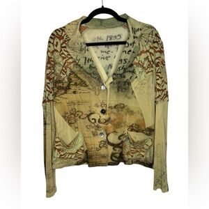 VTG Y2K Art to Wear Sheer Multi Print Button Front Top Size Large